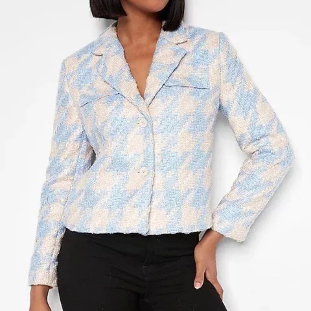NWT Express Houndstooth Boucle Jacket in Blue/Cream, Women's Size Large